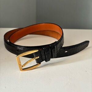 Bespoke Black Alligator Soft Luxury Leather Belt with Gold Buckle size 36